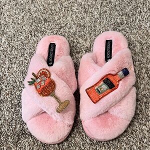 Pink Fuzzy Slippers with Aperol Spritz Embroidered Patches